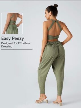 HALARA NEW Olive Green U Neck Harem Jumpsuit Easy Peasy NWT Size Large Open Back